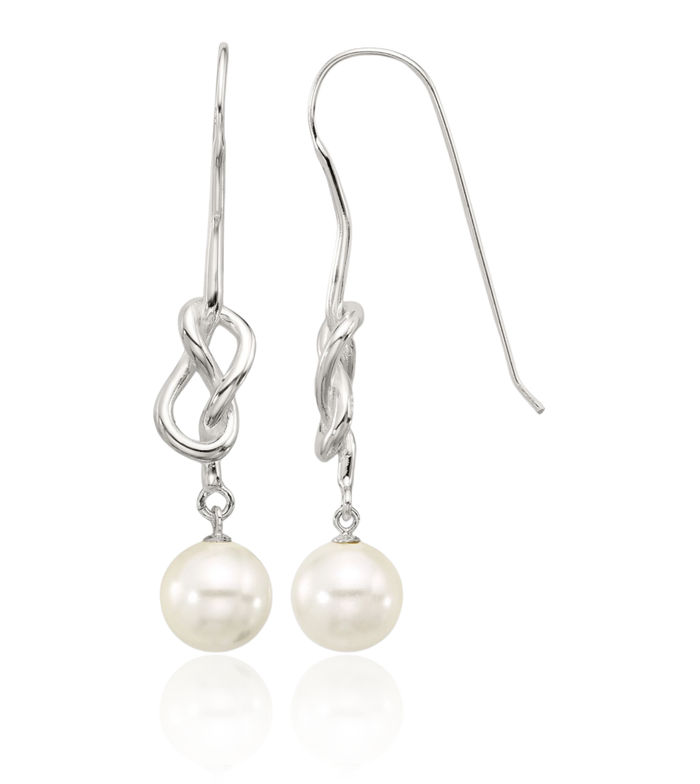 925 Sterling Silver Twisted Love Knot Symbol 10mm Pearl Drop Dangle Earrings