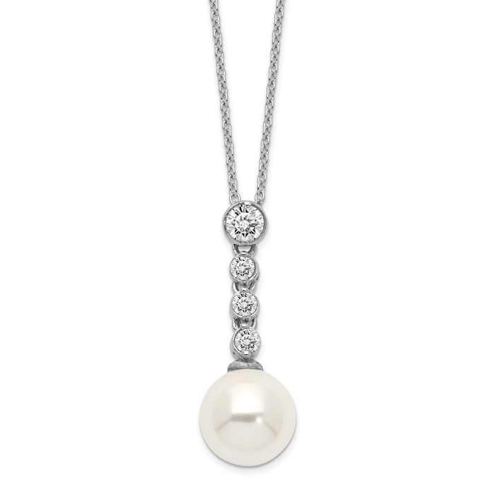 925 Sterling Silver 10mm Shell Pearl Cubic Zirconia CZ Necklace Chain