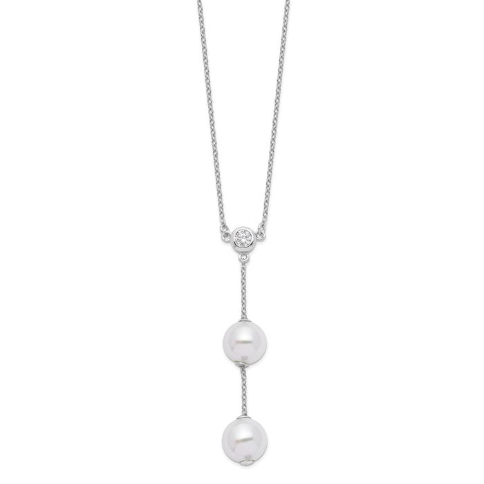 925 Sterling Silver 10mm White Shell Pearl Cubic Zirconia CZ Y Drop Necklace Chain