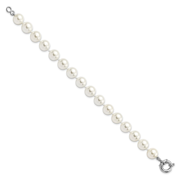 925 Sterling Silver 10mm Shell Pearl Chain Bracelet