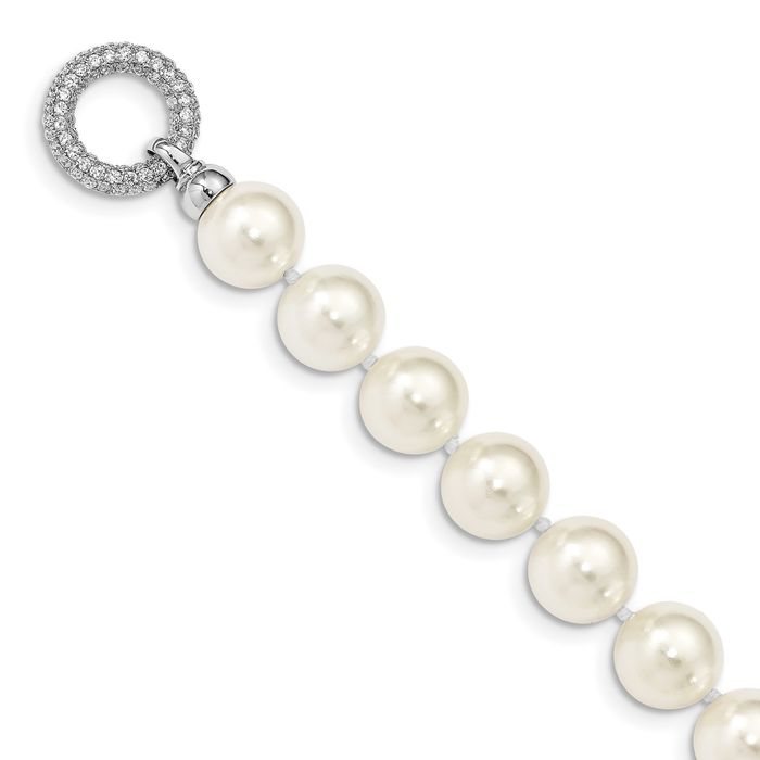 925 Sterling Silver 12 13 White Shell Pearl Cubic Zirconia CZ Chain Necklace