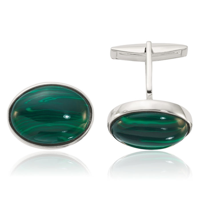 925 Sterling Silver Malachite Oval Cuff Links