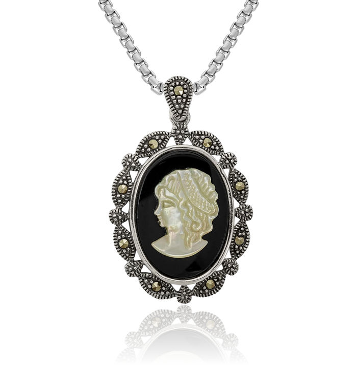 925 Sterling Silver Vintage Marcasite Black Agate Mother of Pearl White Cameo Necklace Chain Pendant Charm