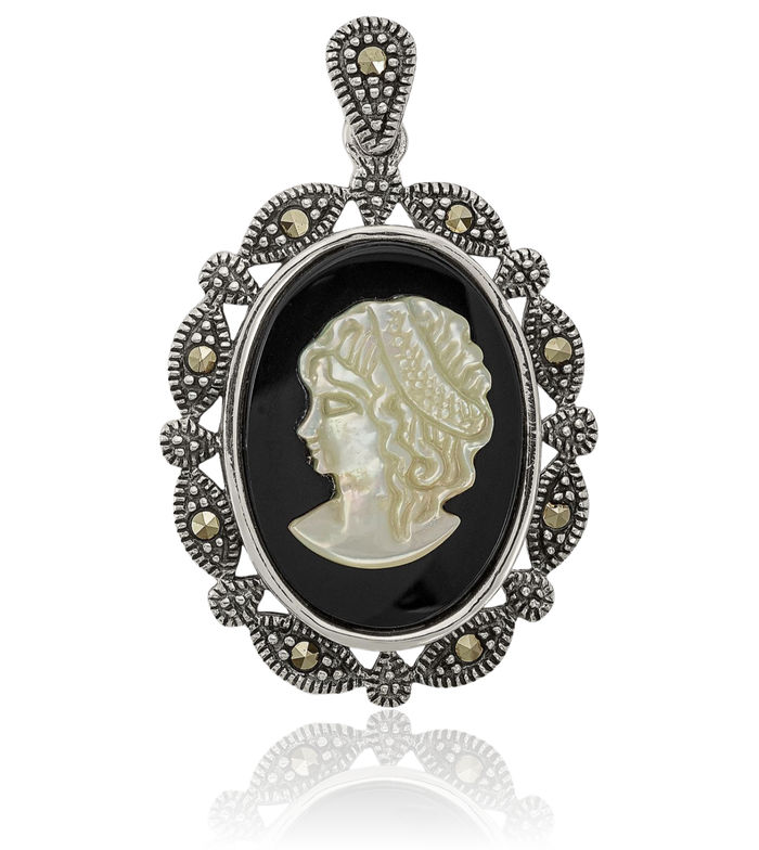 925 Sterling Silver Vintage Marcasite Black Agate Mother of Pearl White Cameo Necklace Chain Pendant Charm