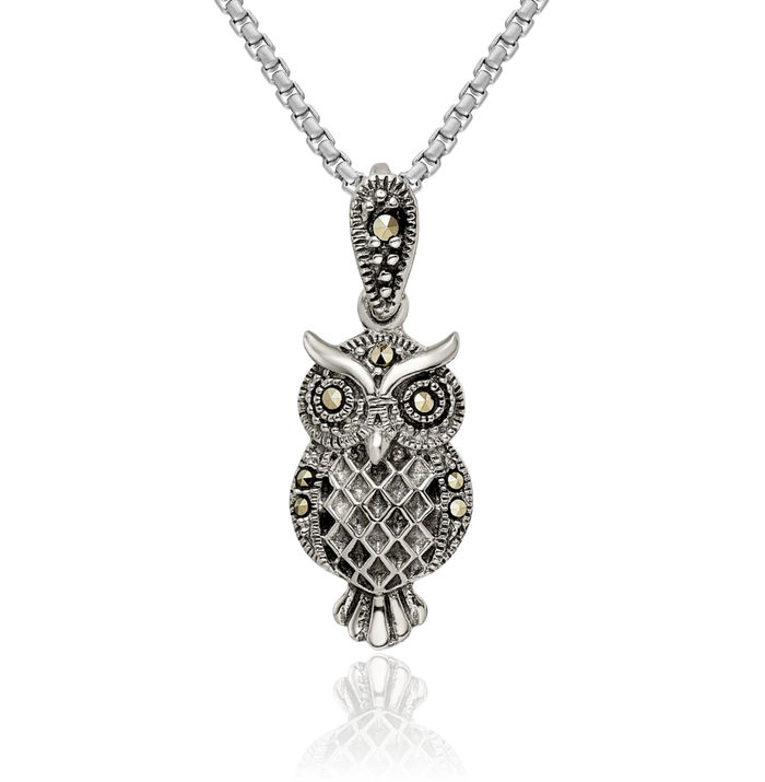 925 Sterling Silver Vintage Marcasite Owl Symbol of Wisdom Bird Necklace Chain Pendant Charm