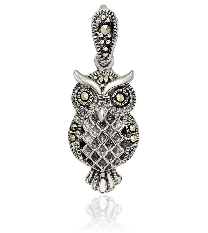 925 Sterling Silver Vintage Marcasite Owl Symbol of Wisdom Bird Necklace Chain Pendant Charm