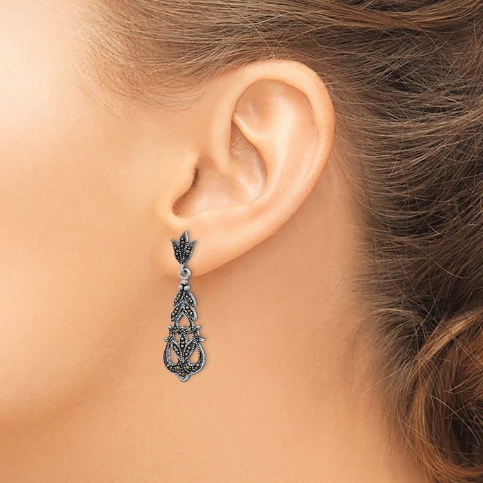 925 Sterling Silver Marcasite Post Drop Dangle Earrings