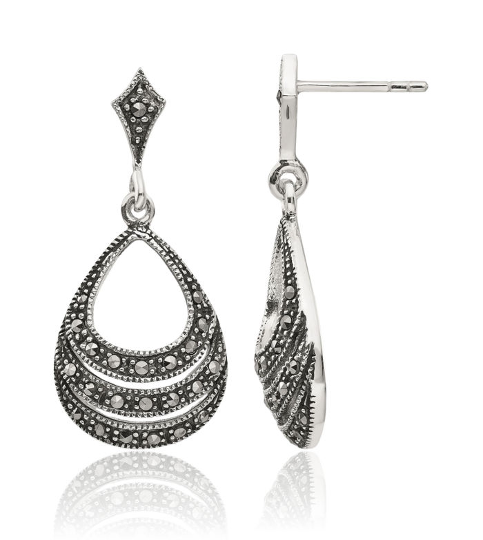 925 Sterling Silver Marcasite Teardrop Post Drop Dangle Earrings