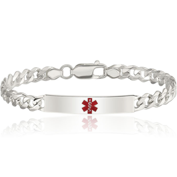 925 Sterling Silver Medical Alert Curb Link Name Bar Identification ID Bracelet