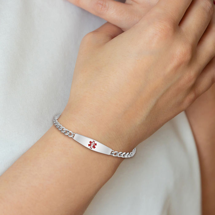 925 Sterling Silver Medical Alert Name Bar Identification ID Bracelet Curb Link