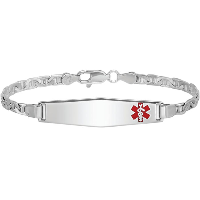 925 Sterling Silver Medical Alert ID Anchor Mariner Link Chain Bracelet