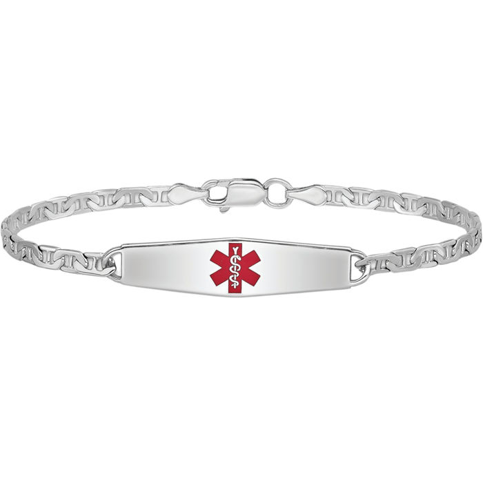 925 Sterling Silver Medical Alert ID Anchor Mariner Link Chain Bracelet