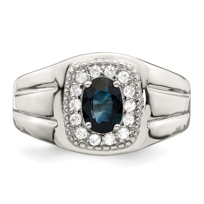 925 Sterling Silver Mens Blue Sapphire White Topaz Statement Ring