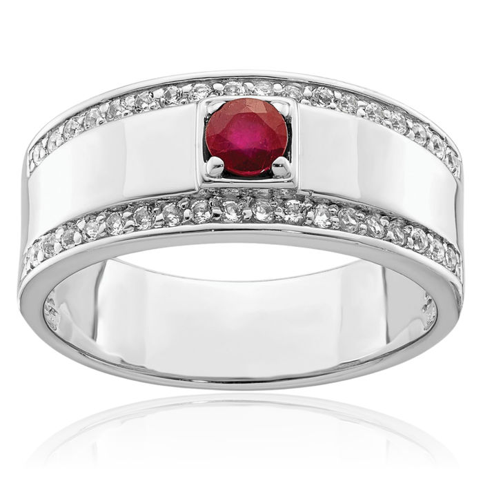 925 Sterling Silver Mens African Red Ruby White Topaz Ring Gemstone Band