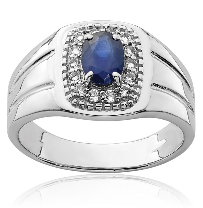 925 Sterling Silver Mens Blue Sapphire White Topaz Ring