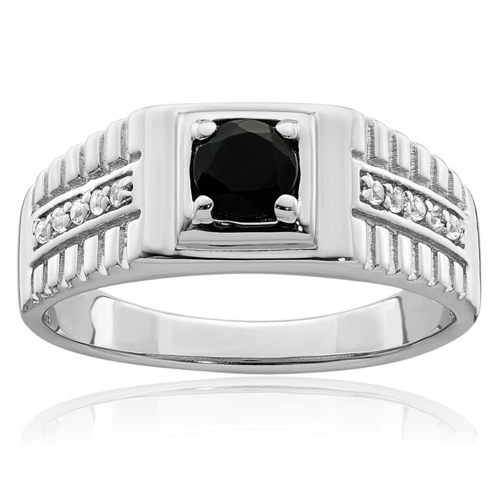 925 Sterling Silver Mens Black Onyx White Topaz Ring