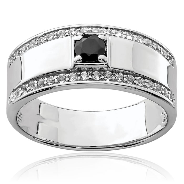 925 Sterling Silver Mens Black Onyx White Topaz Ring Gemstone Band