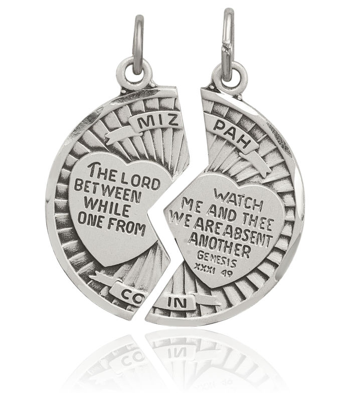 925 Sterling Silver Vintage Mizpah Break-apart Coin Set Necklace Couples His Hers Religious Christian Chain Pendant Genesis 31:49 Charm