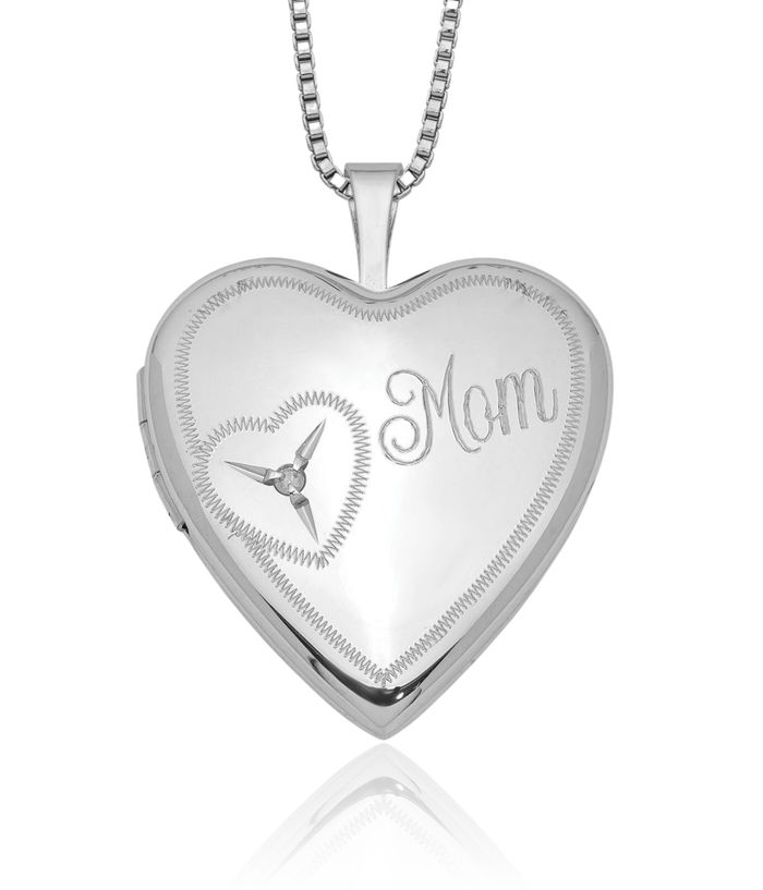 925 Sterling Silver Mom Diamond Heart Personalized Photo Locket Chain Necklace