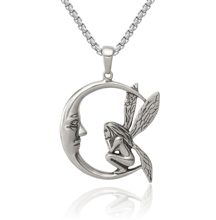 925 Sterling Silver Vintage Crescent Moon Fairy Necklace Chain Pendant Charm