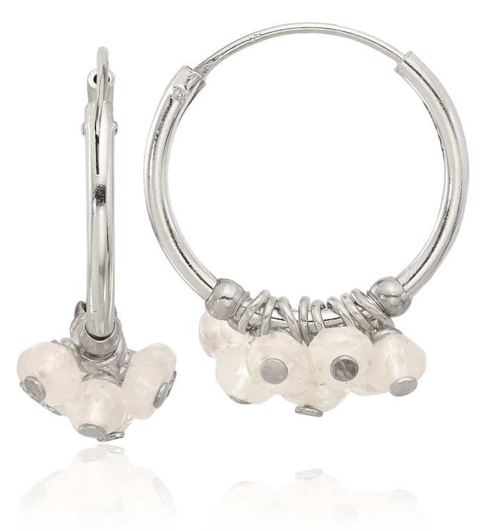 925 Sterling Silver Moonstone Beaded Endless Round Medium Hoop Drop Dangle Earrings