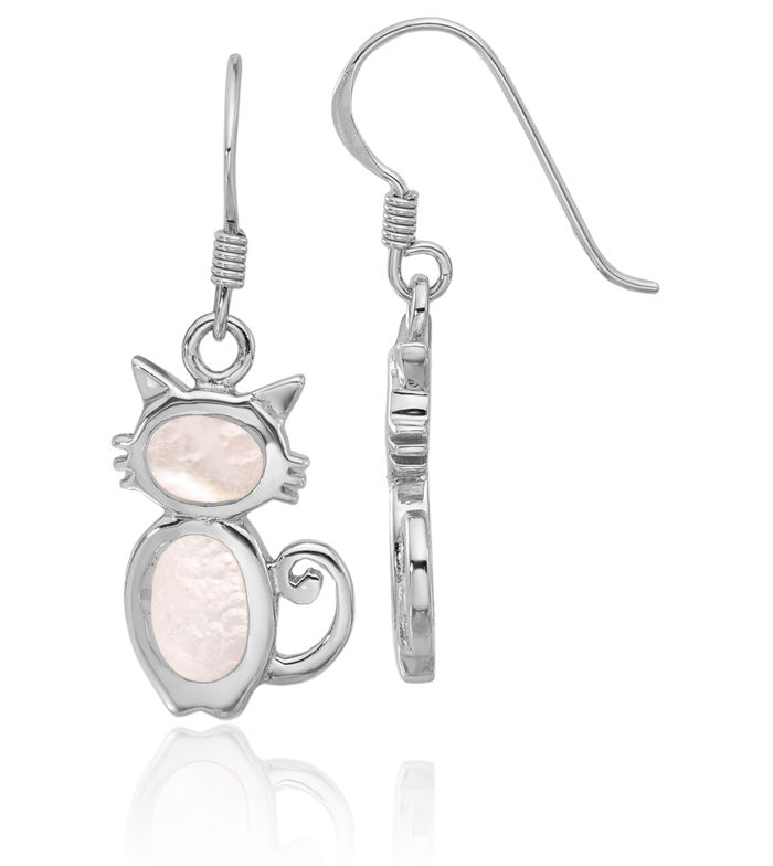 925 Sterling Silver Mother of Pearl Cat Drop Dangle Earrings