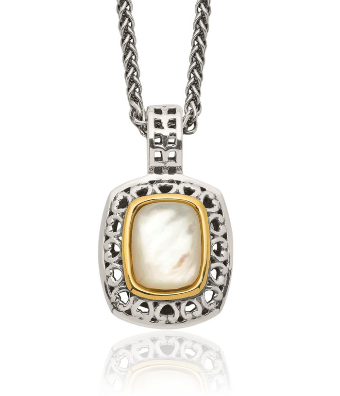 925 Sterling Silver Vintage Mother of Pearl Chain Necklace Gemstone Pendant Charm