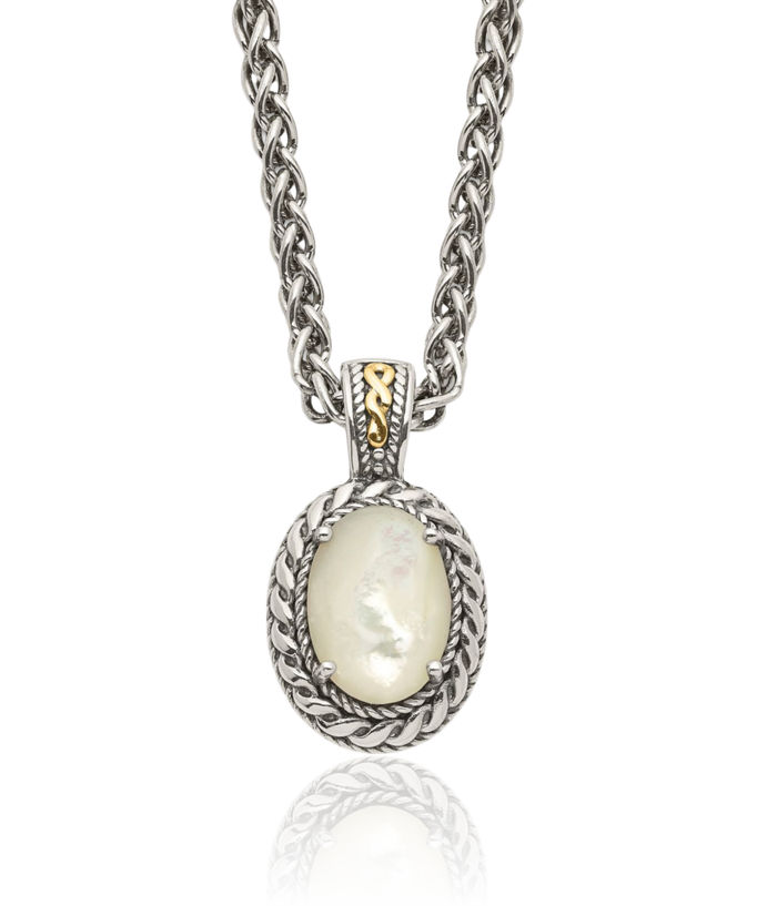 925 Sterling Silver Vintage Mother of Pearl Chain Necklace Gemstone Pendant Charm