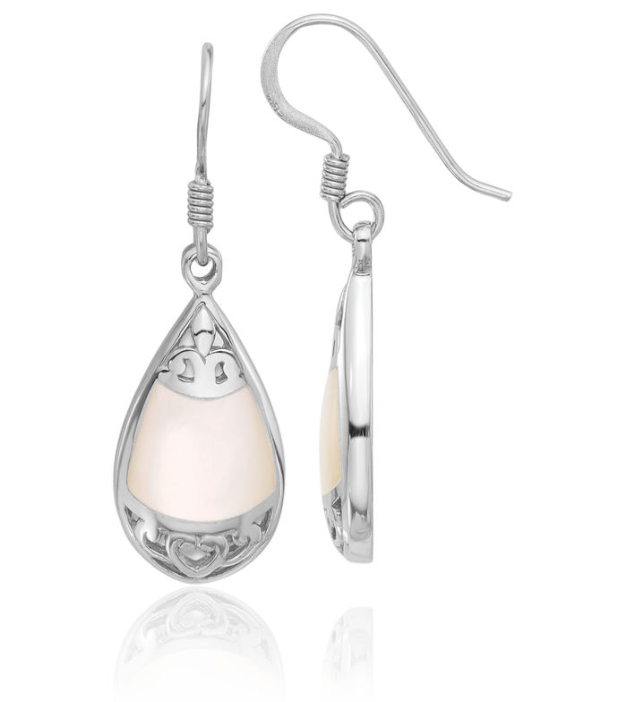 925 Sterling Silver Mother of Pearl Antique Filigree Teardrop Heart Drop Dangle Earrings