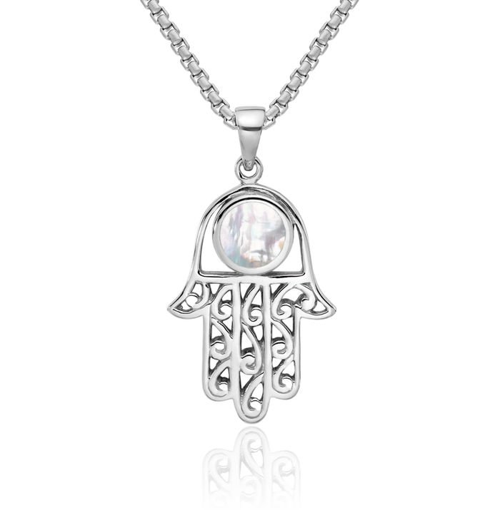 925 Sterling Silver Mother of Pearl Hamsa Hand Fatima Evil Eye Protection Good Luck Necklace Chain Pendant Charm