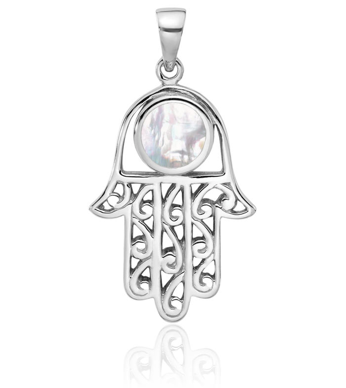 925 Sterling Silver Mother of Pearl Hamsa Hand Fatima Evil Eye Protection Good Luck Necklace Chain Pendant Charm