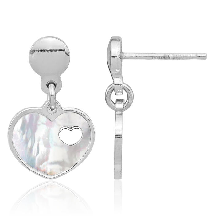 925 Sterling Silver Mother of Pearl Heart Post Drop Dangle Earrings