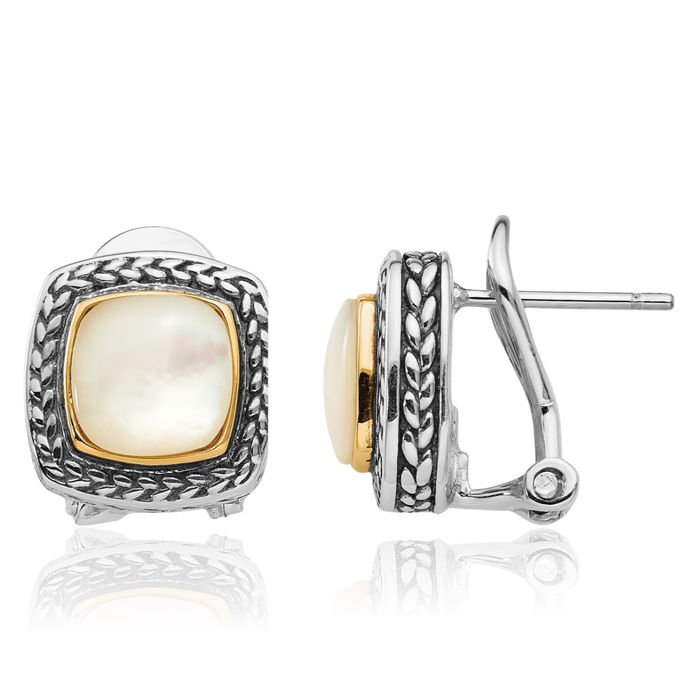 925 Sterling Silver Vintage Mother of Pearl Omega Clip Back Post Stud Earrings