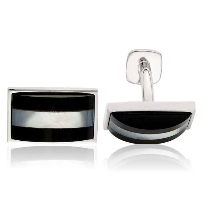 925 Sterling Silver Mother of Pearl Black Onyx Cufflinks French Tuxedo Shirt Cuff Links Set for Men