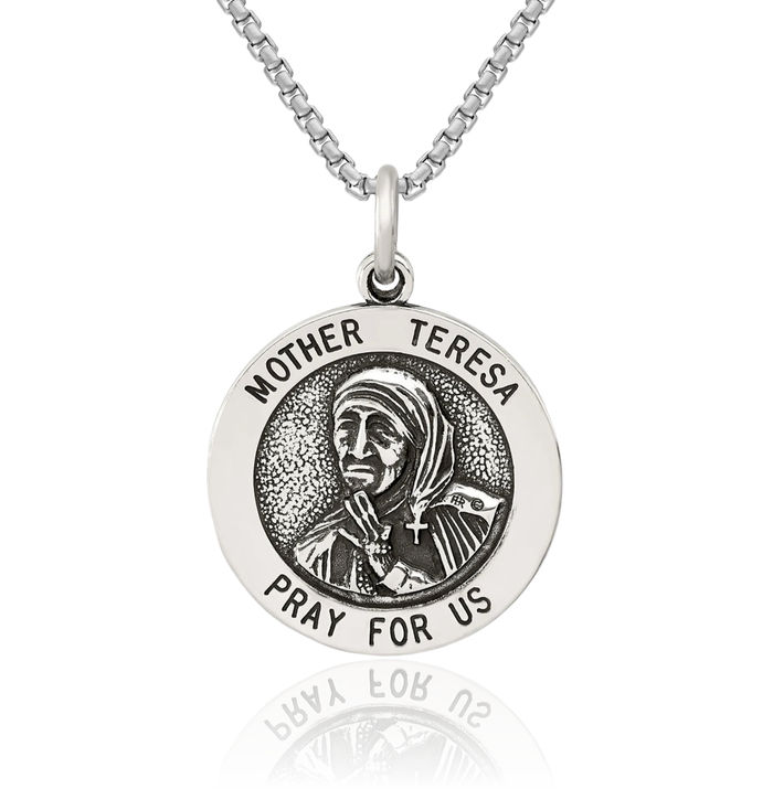 925 Sterling Silver Vintage Mother Teresa Medal Necklace Chain Pendant Charm