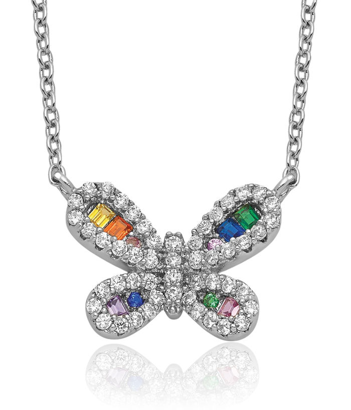 925 Sterling Silver Multi-color Cubic Zirconia CZ Butterfly Wings Chain Necklace