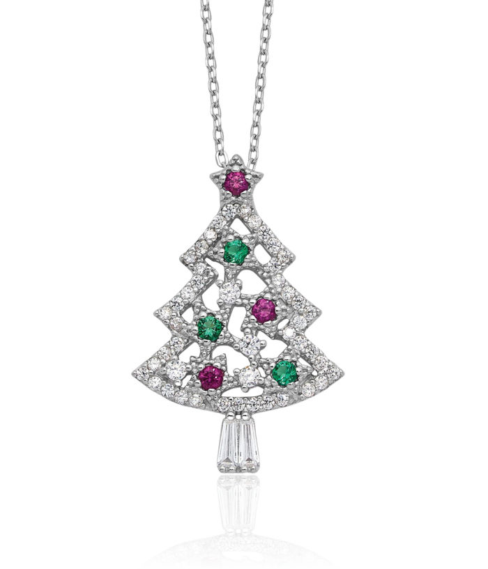 925 Sterling Silver Multi-color Cubic Zirconia CZ Christmas Tree Necklace Chain