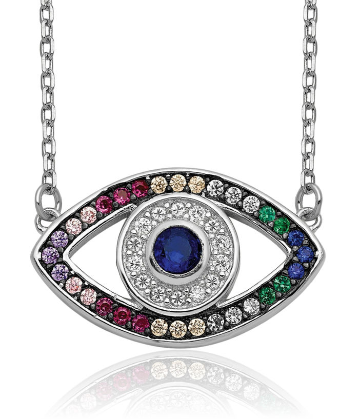 925 Sterling Silver Multi-color Cubic Zirconia CZ Hamsa Hand of Fatima Evil Eye Protection Good Luck Blue Chain Necklace