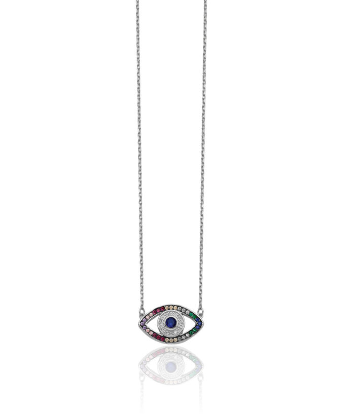 925 Sterling Silver Multi-color Cubic Zirconia CZ Hamsa Hand of Fatima Evil Eye Protection Good Luck Blue Chain Necklace