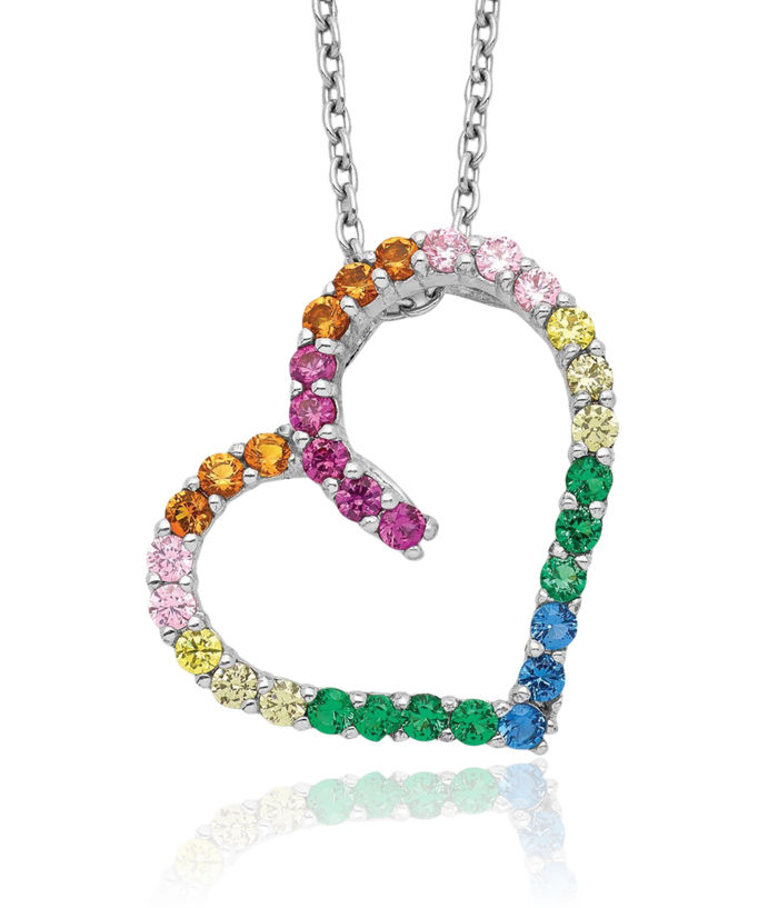 925 Sterling Silver Multi-color Cubic Zirconia CZ Heart Chain Necklace