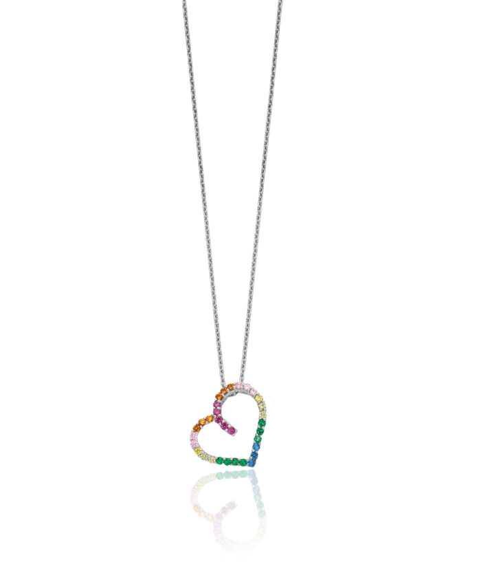 925 Sterling Silver Multi-color Cubic Zirconia CZ Heart Chain Necklace