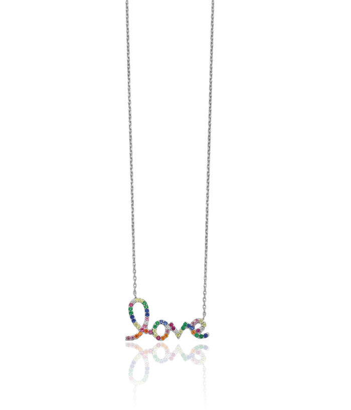 925 Sterling Silver Multi-color Cubic Zirconia CZ Love Chain Necklace