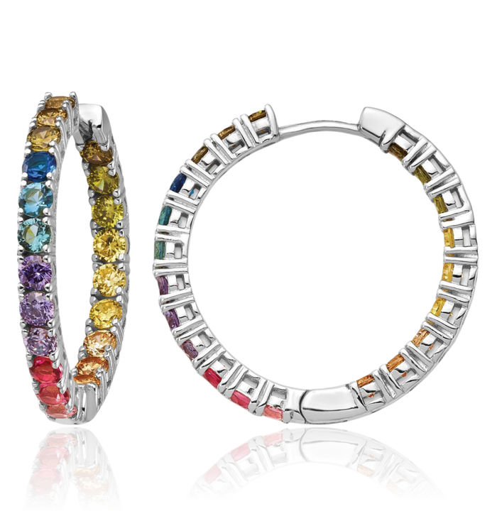 925 Sterling Silver Multi-color Cubic Zirconia CZ Round Medium Hoop Earrings