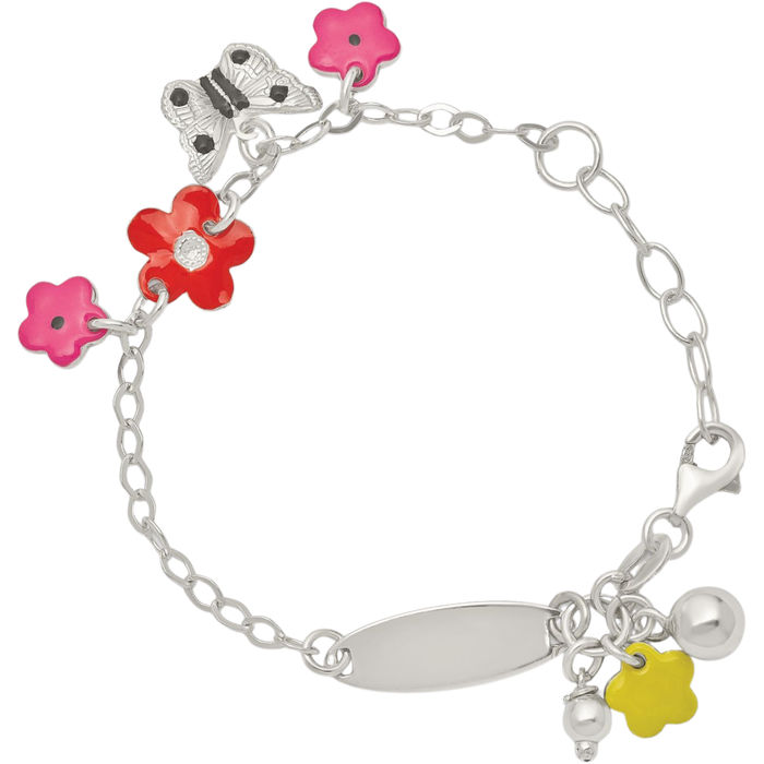 925 Sterling Silver Multi-color Flower Butterfly Wings Name Bar Identification ID Charm Bracelet