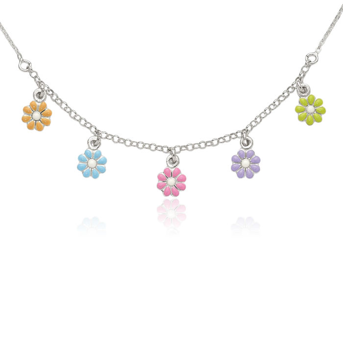 925 Sterling Silver Multi-color Flowers Chain Necklace