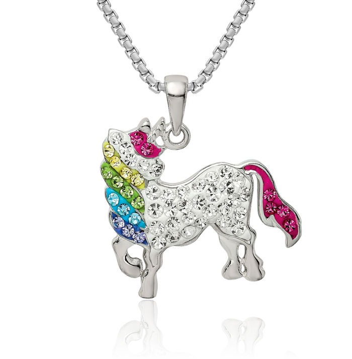 925 Sterling Silver Multi-color Preciosa Rhinestone Crystals Unicorn Magical Horse Head Necklace Animal Lover Pendant Equestrian Charm