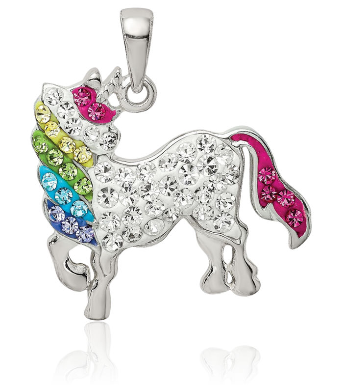 925 Sterling Silver Multi-color Preciosa Rhinestone Crystals Unicorn Magical Horse Head Necklace Animal Lover Pendant Equestrian Charm
