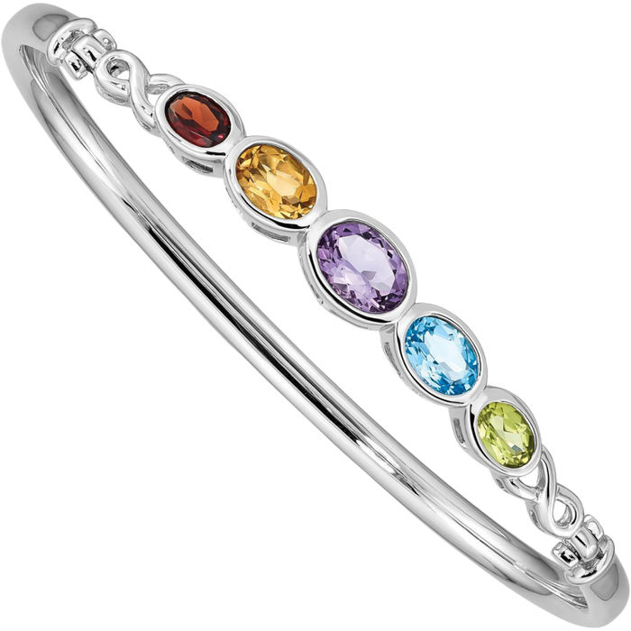 925 Sterling Silver Multi-color Rainbow Gemstone Bangle Bracelet