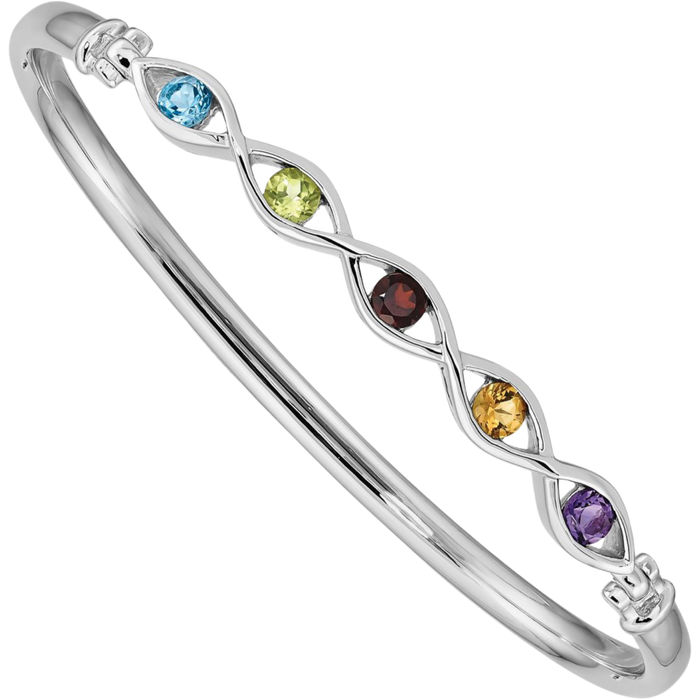 925 Sterling Silver Multi-color Rainbow Gemstone Bangle Bracelet