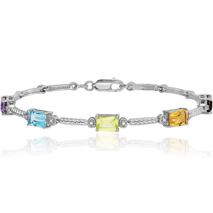 925 Sterling Silver Multi-color Rainbow Gemstone Diamond Tennis Bracelet